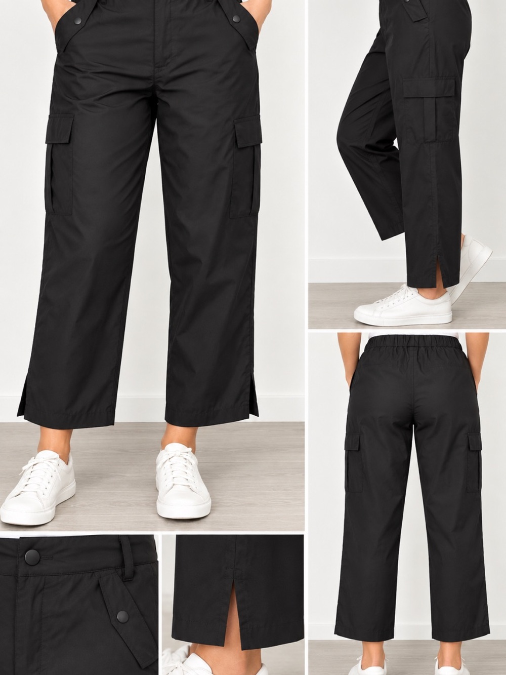 Women’s Black Cargo Pants 100% Polyester Utility Pocket Stretch Waist XL